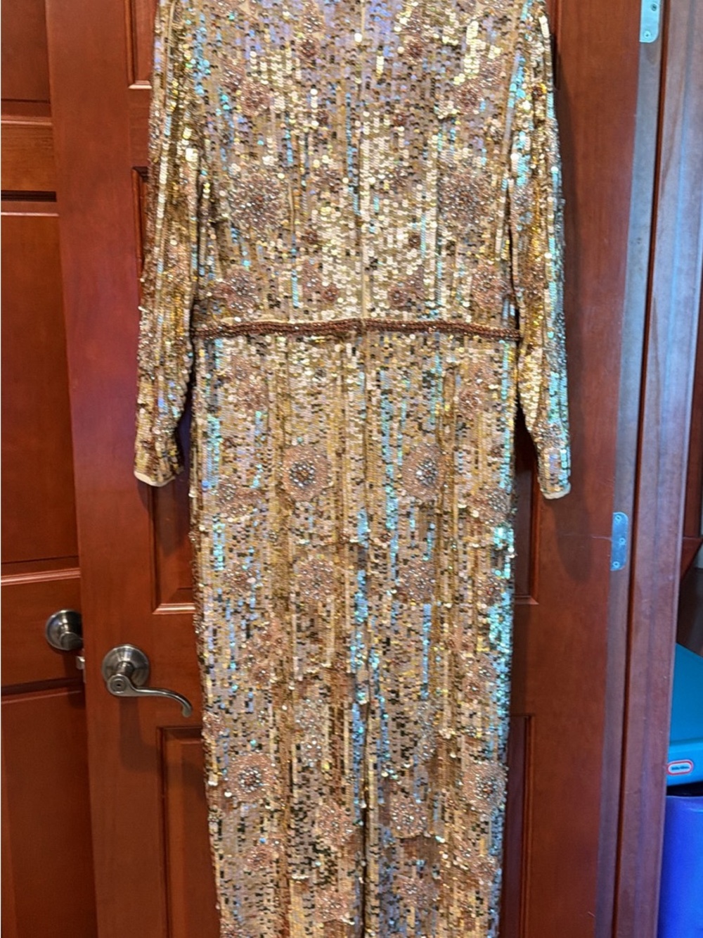 Mac Duggal Gold Sequin Long Sleeve Evening Gown